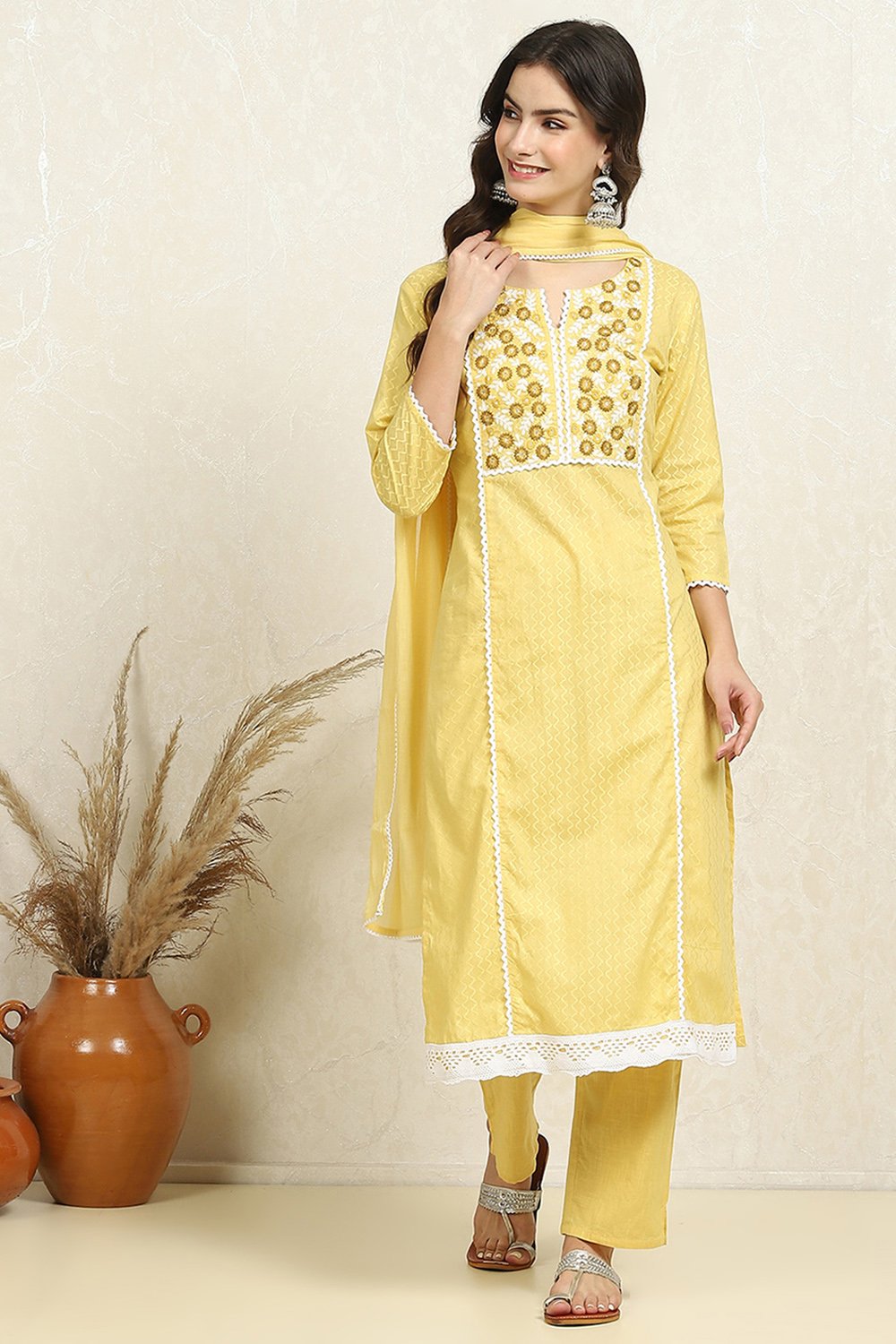 Yellow Cotton Handloom Unstitched Suit Set image number 1