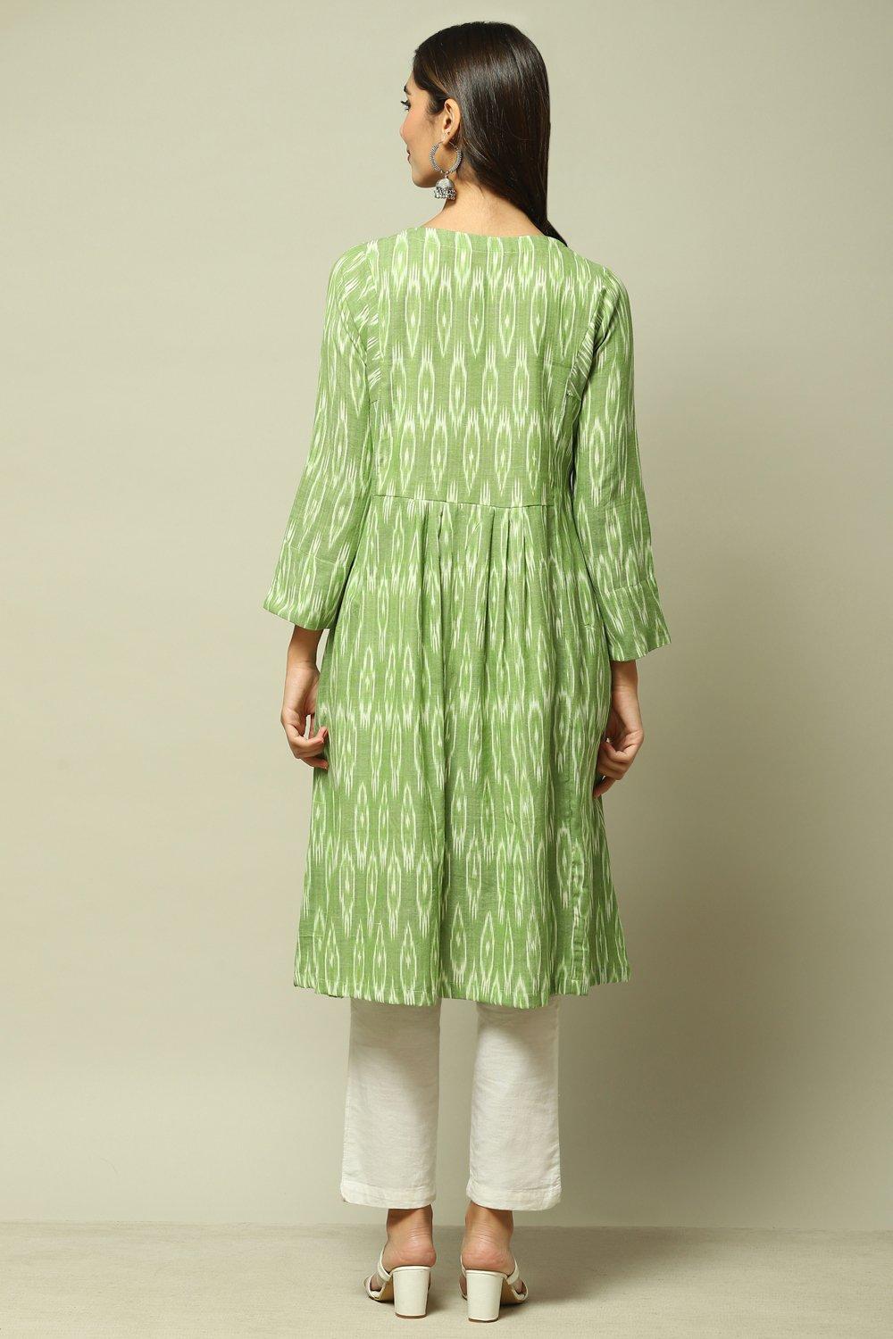 Green Cotton IKAT Flared Yarndyed Kurta image number 4