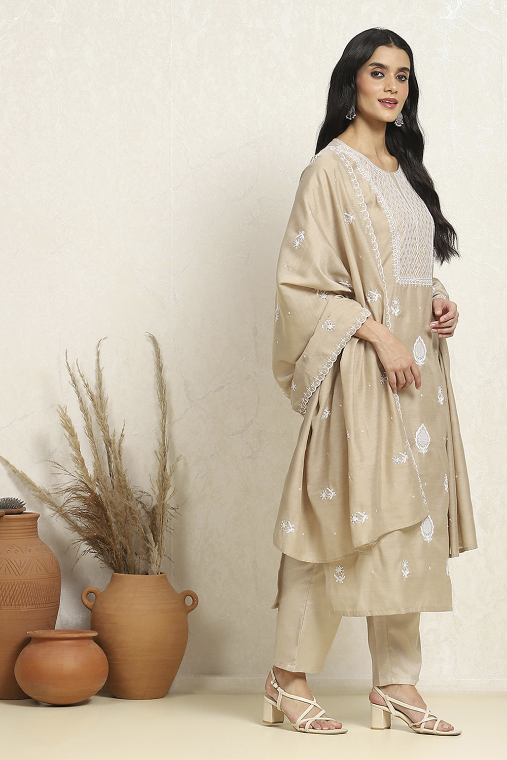 Beige Chanderi Machine Embroidered Unstitched Suit Set image number 6