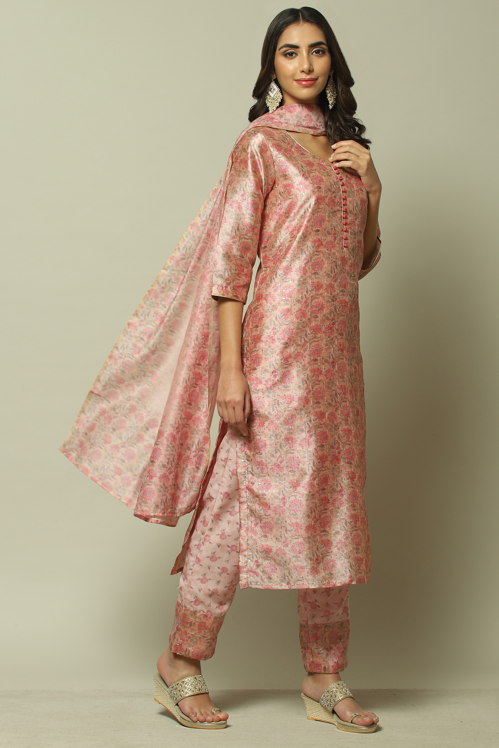 Pink Cotton Digital Print Unstitched Suit Set image number 4