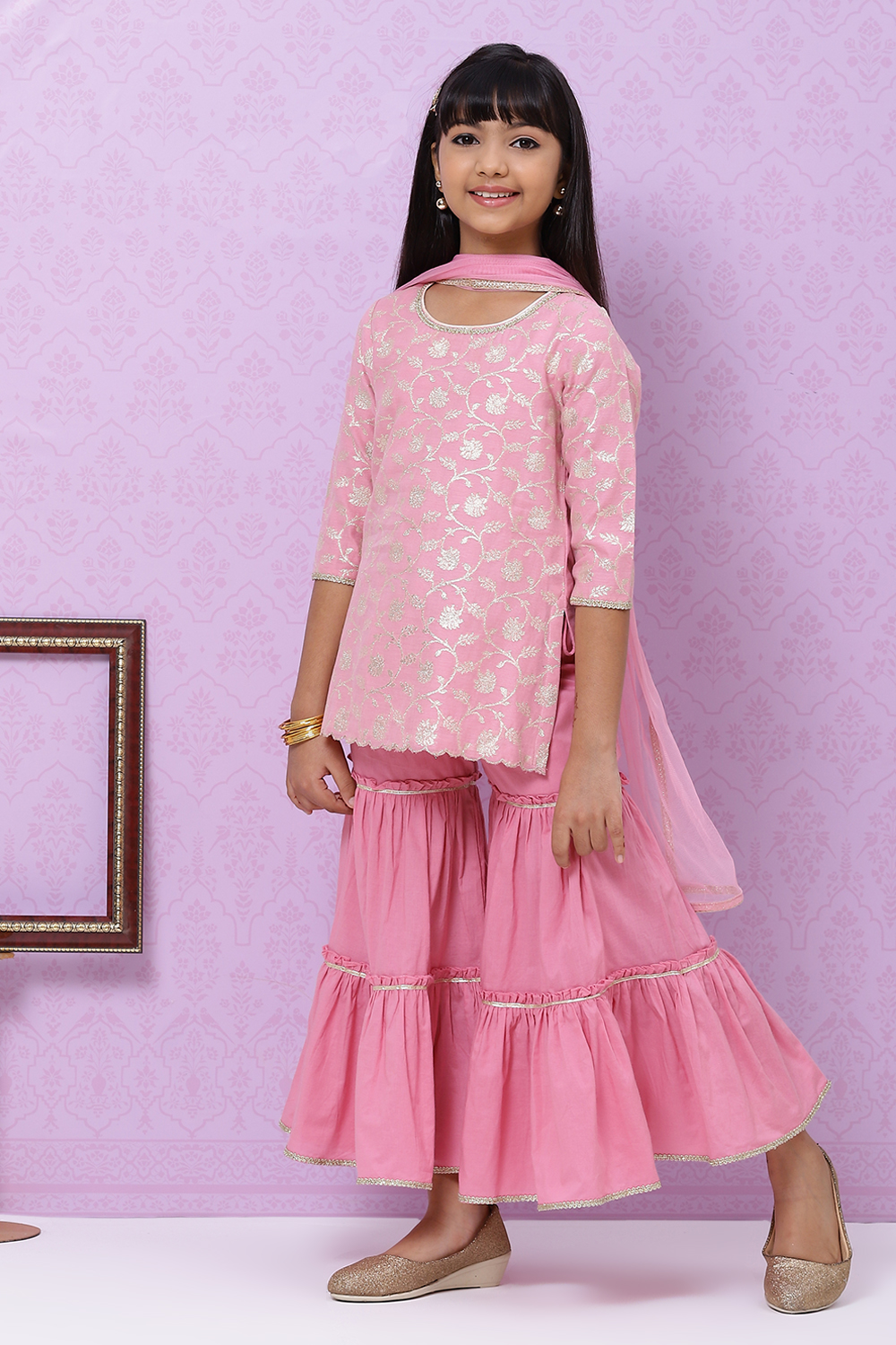 Pink Poly Metallic Cotton Girls Straight Kurta Sharara Suit Set image number 0
