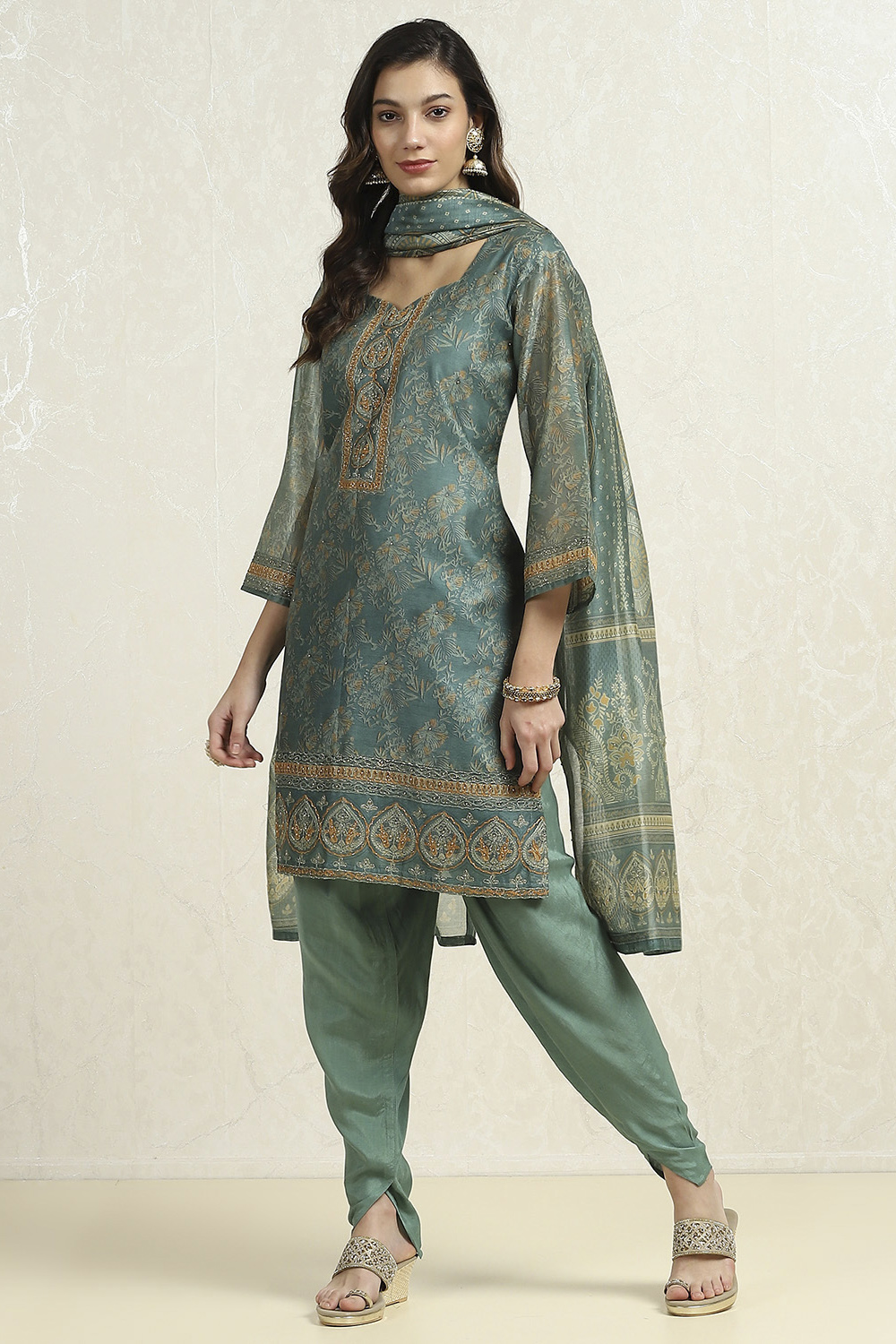 Grey Chanderi Printed Unstitched Suit Set image number 1