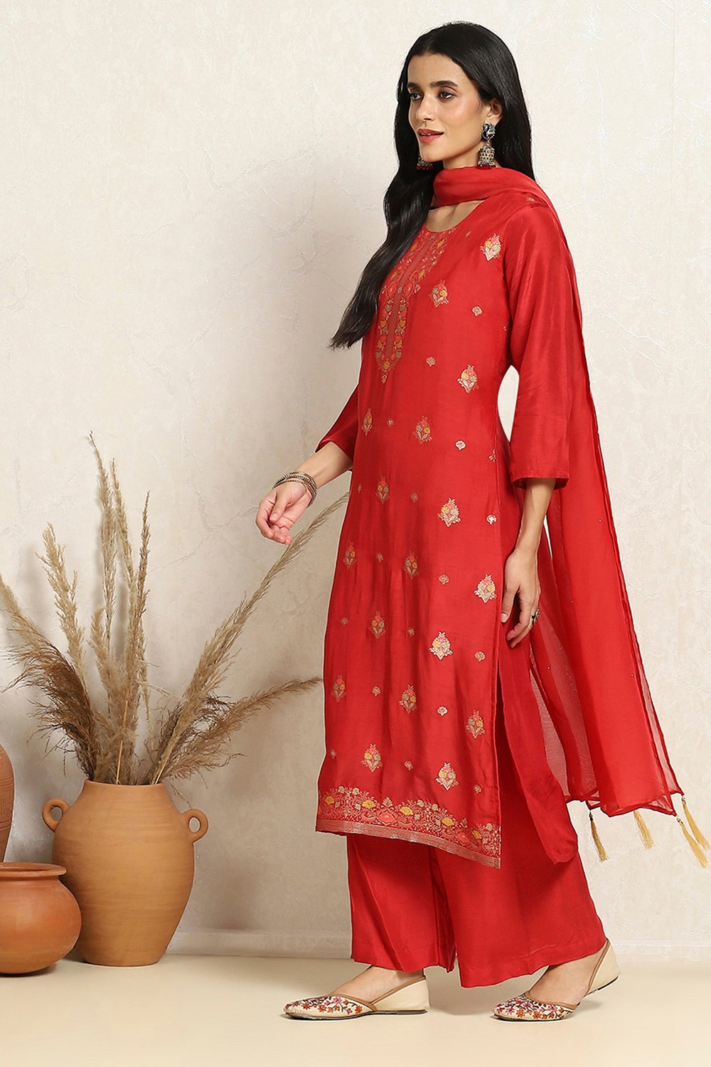 Red Viscose Silk Floral Woven Unstitched Suit Set image number 4