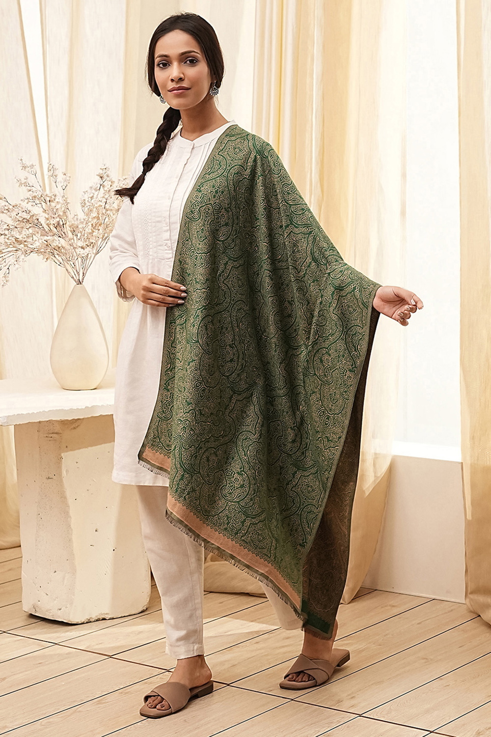 Green Cotton Blend Dupatta image number 2