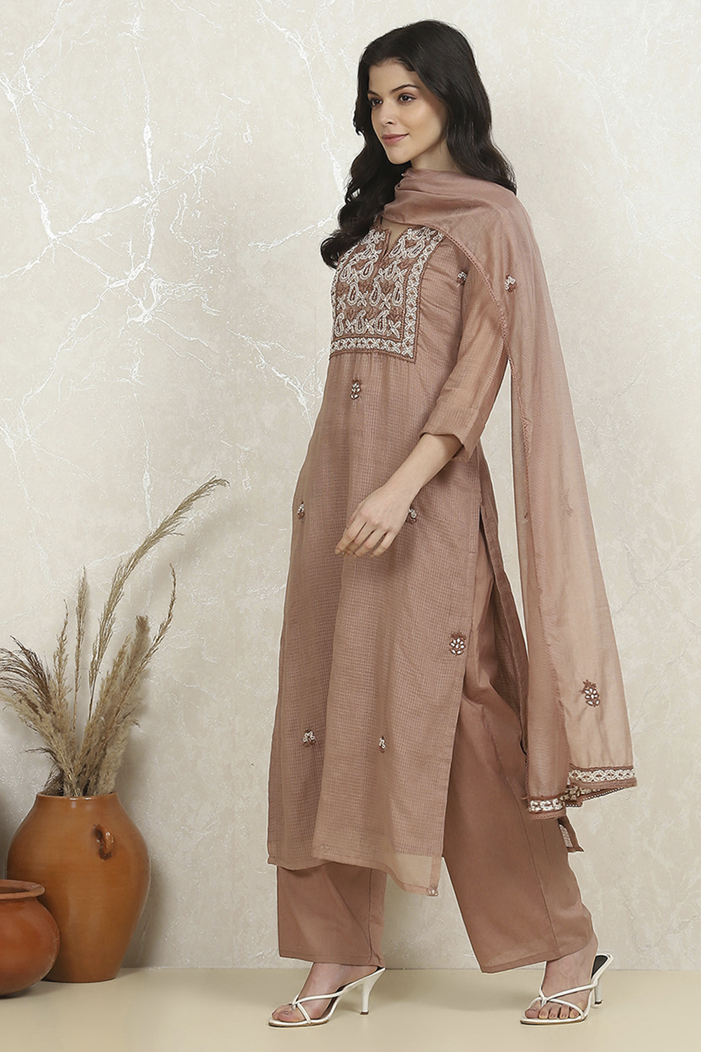 Brown Cotton Hand Embroidered Unstitched Suit Set image number 4