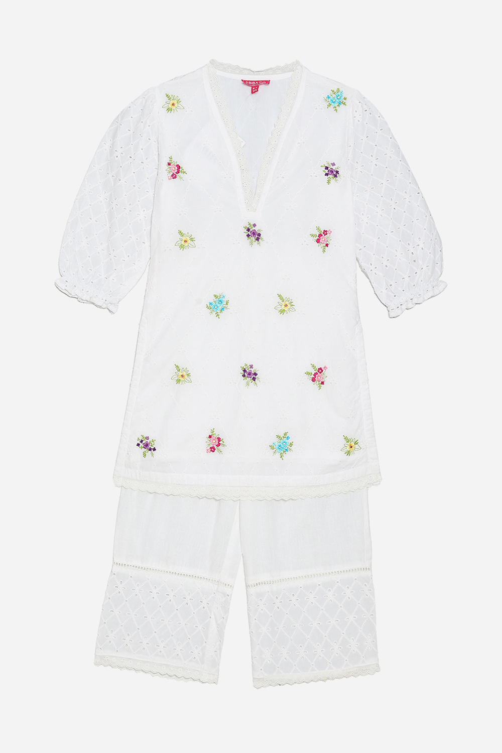 White Cotton Schiffli Kurta and Palazzo Set image number 0