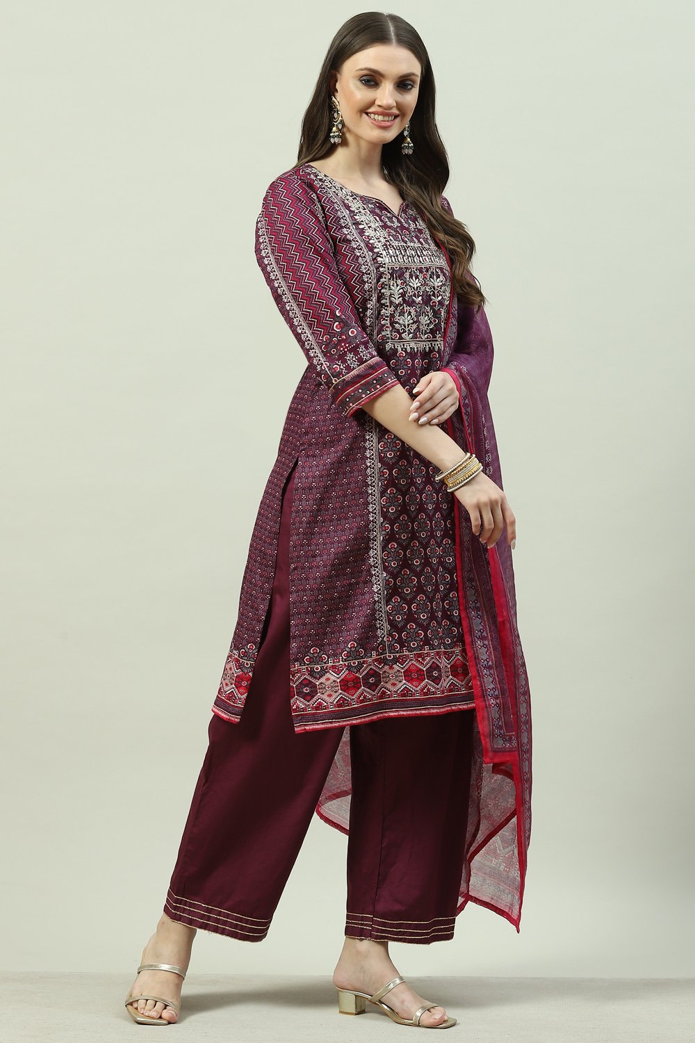 Wine Cotton Straight Kurta Slim Pants Suit Set image number 2