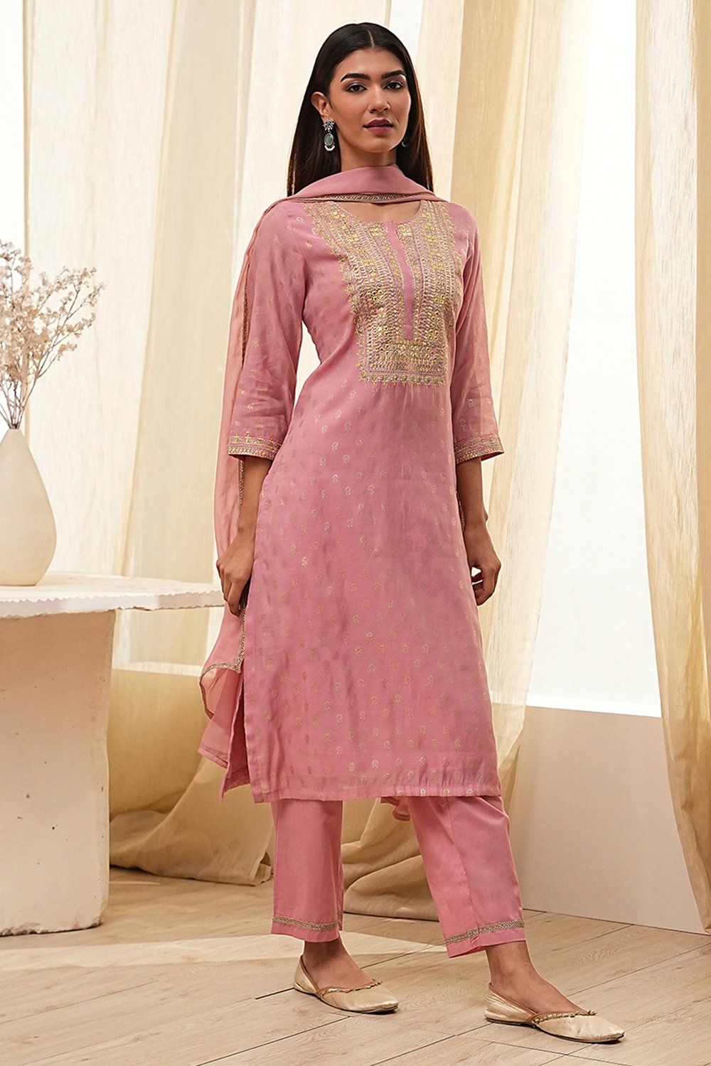 Dull Pink Embroidered Straight Suit Set image number 5