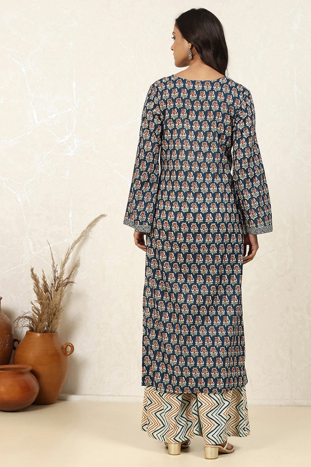 Dark Blue Cotton Printed Unstitched Suit Set image number 5