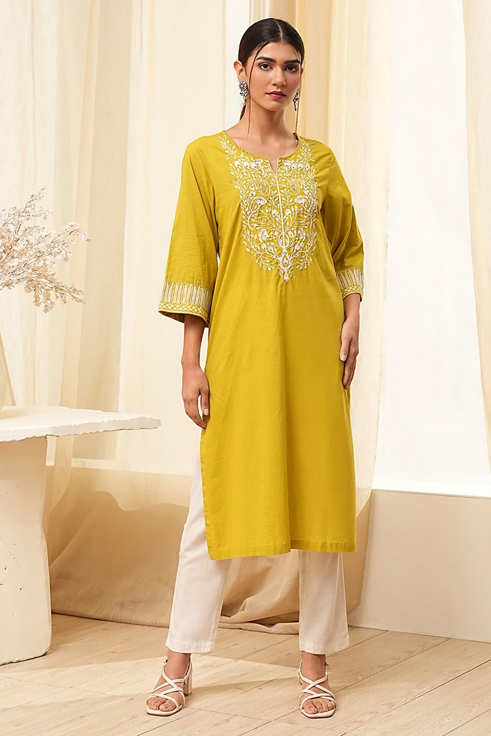 Green Pure Cotton Embroidered Straight Kurta image number 0