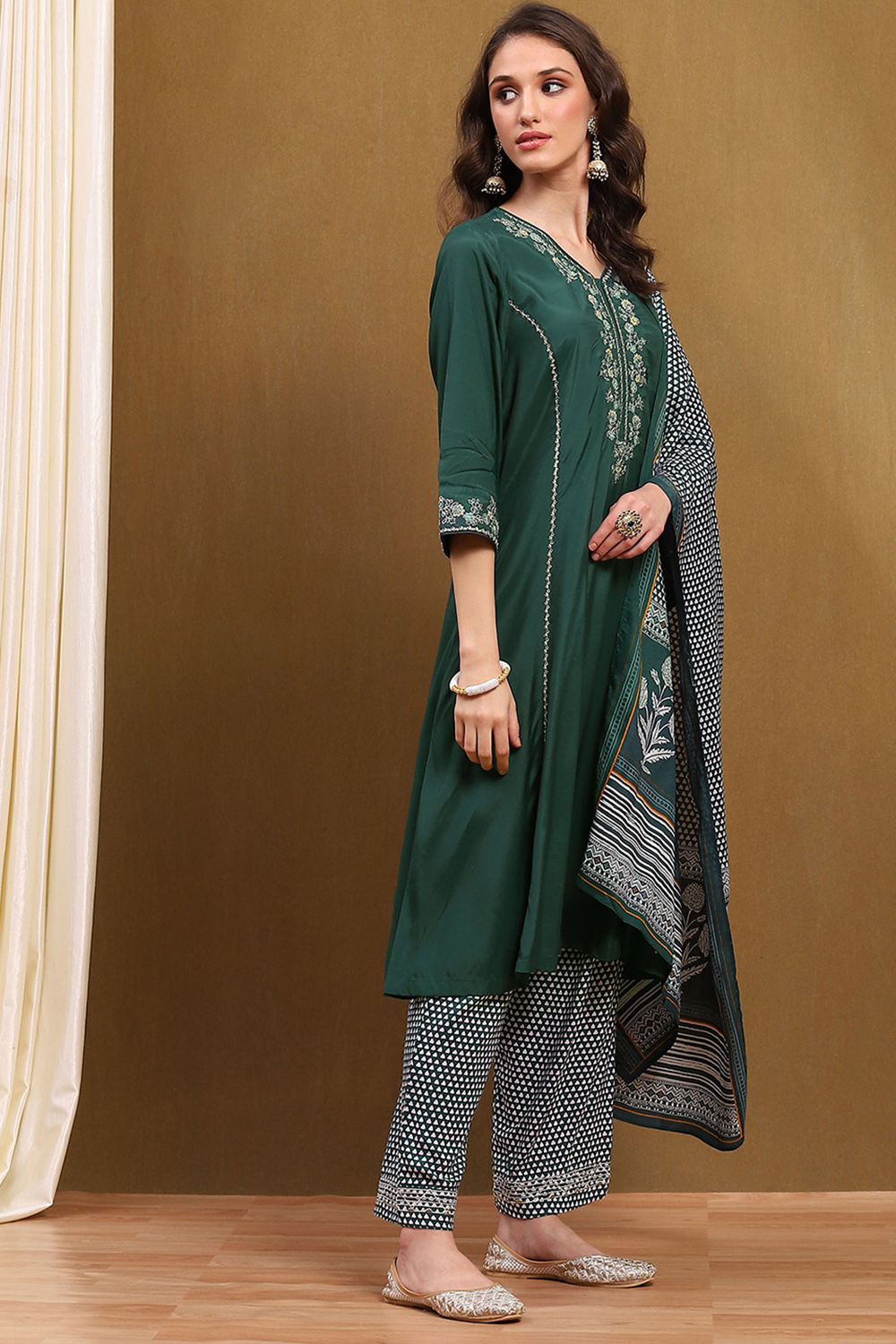 Green Modal Embroidered Festive Kalidar Suit Set image number 5