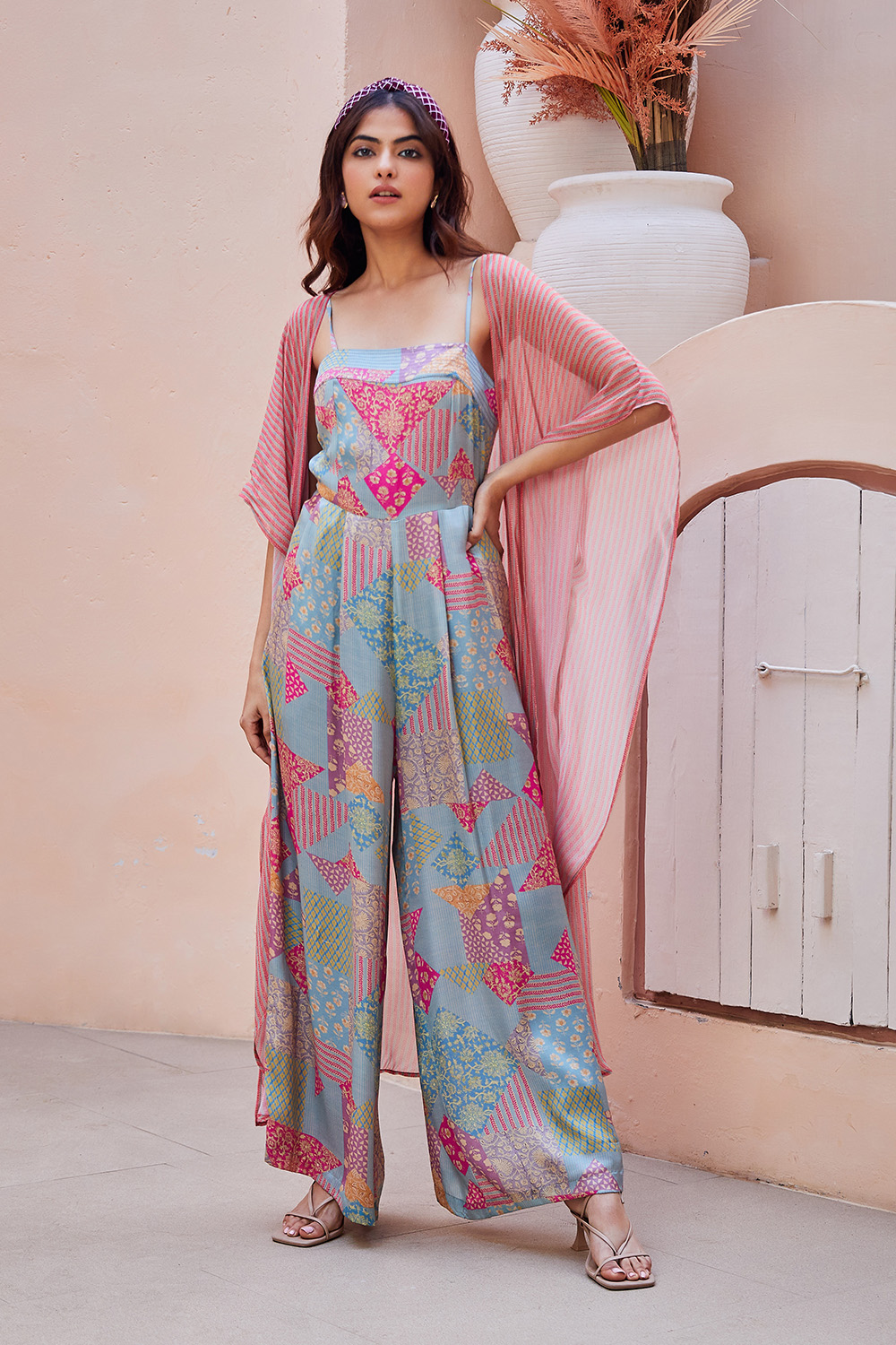 Blue & Pink Printed Jumpsuit with Shrug image number 3