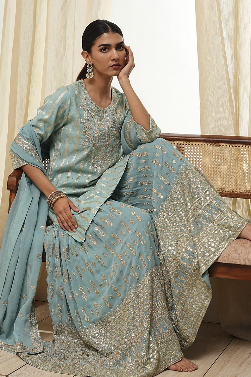 Powder Blue Embroidered Straight Suit Set image number 8