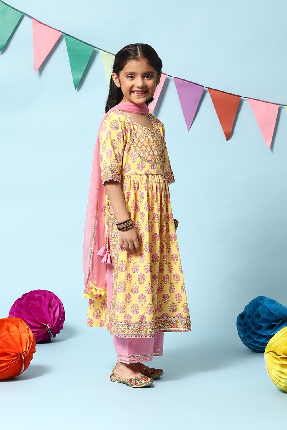 Yellow Cotton Flared Kurta Straight Palazzo Suit Set image number 6