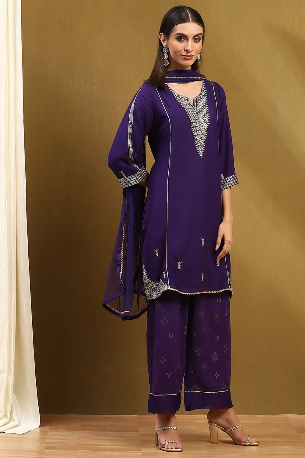 Purple Embroidered Straight Suit Set image number 5