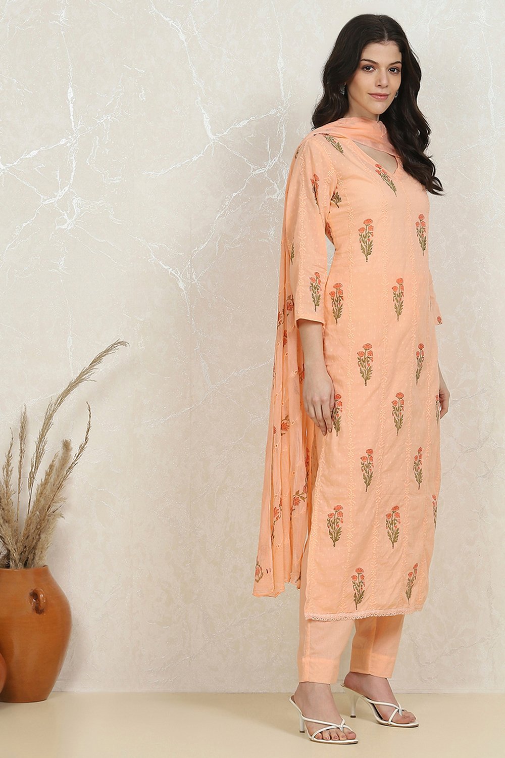 Peach Cotton Hand Block Print Unstitched Suit Set image number 6