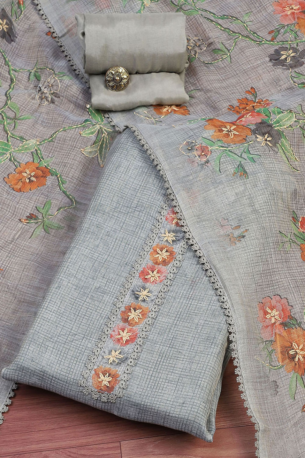 Grey Linen Blend Printed  Embroidered Unstitched Suit Set image number 0