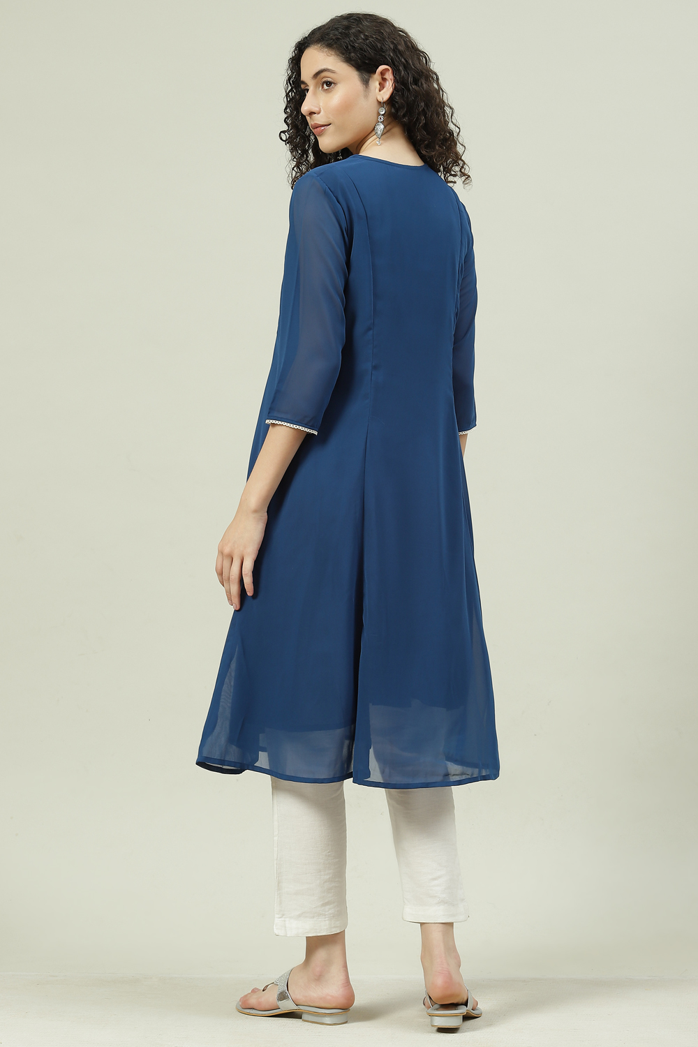 Navy Poly Cotton A-Line Kurta image number 4