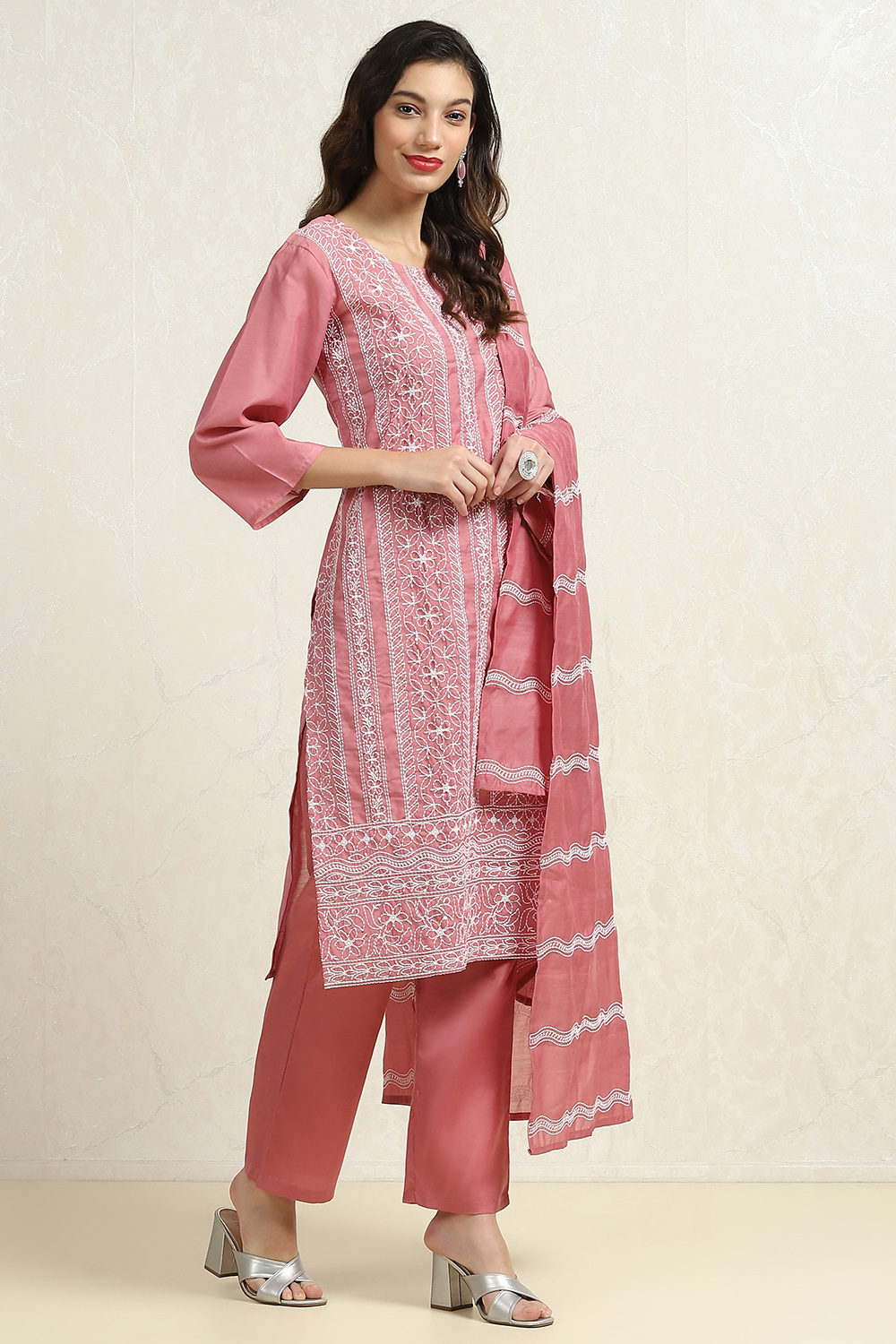 Pink Chanderi Machine Embroidered Unstitched Suit Set image number 3