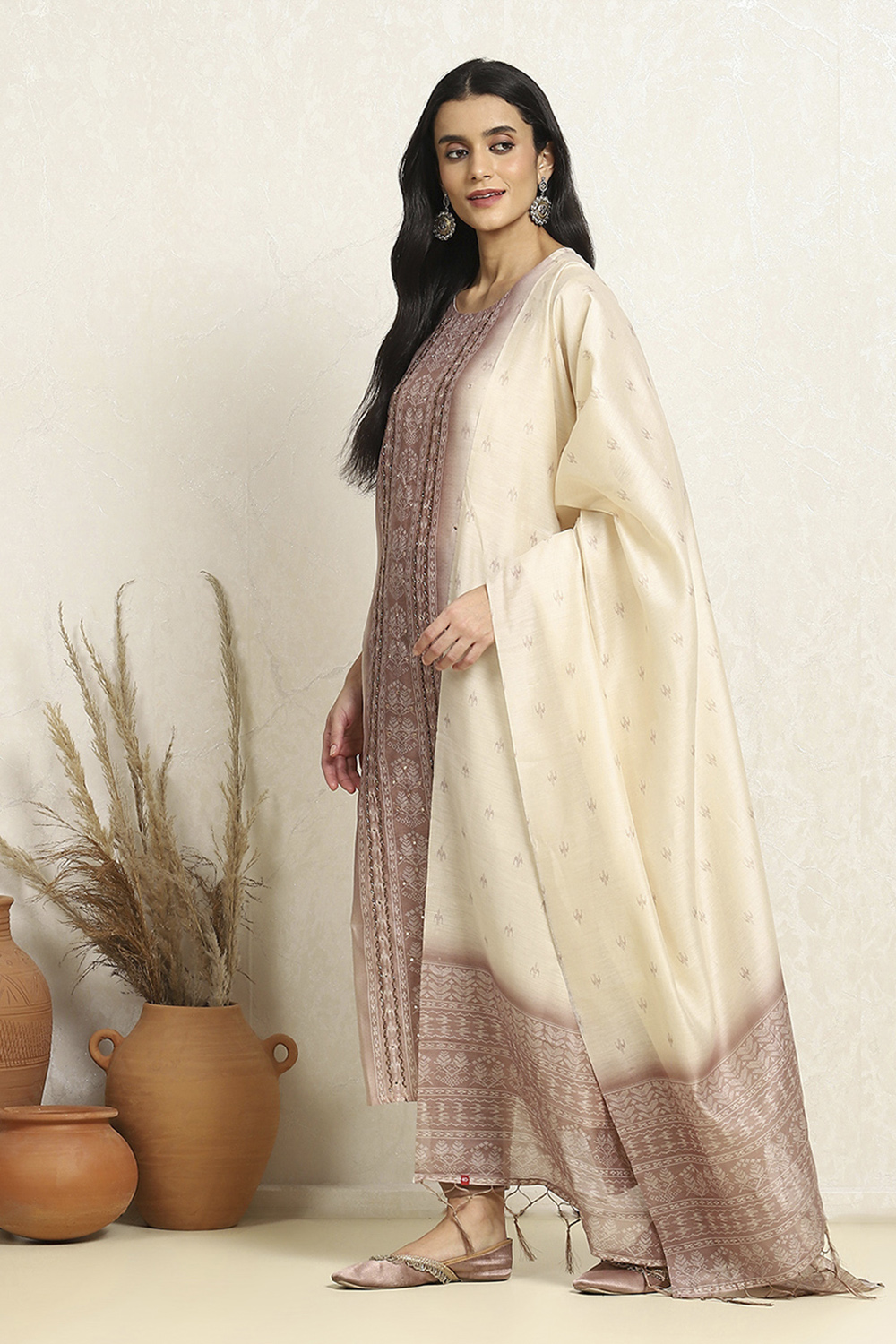 Grey and Off-White Chanderi Woven Unstitched Suit Set image number 4