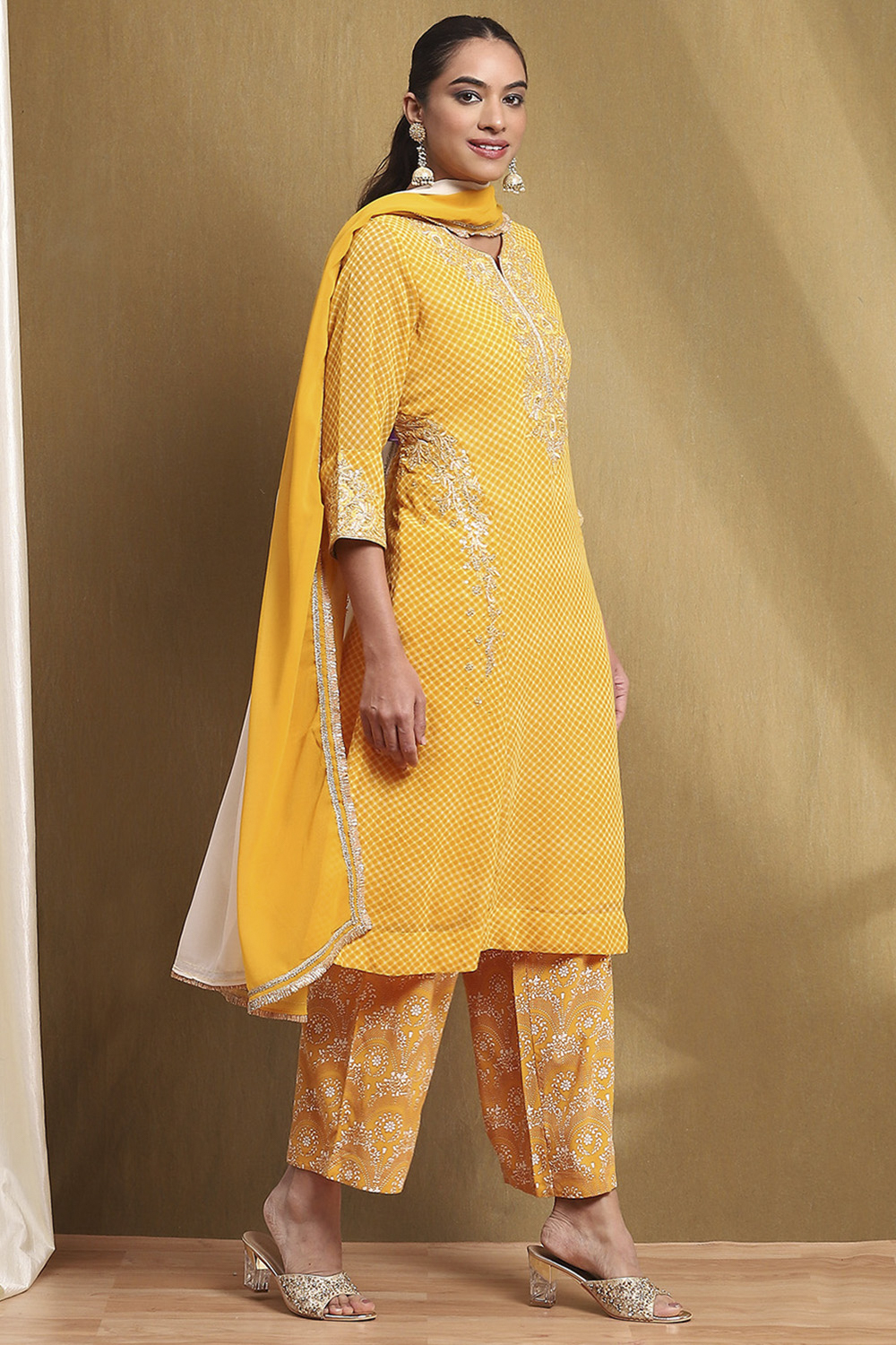 Yellow Printed Kalidar Suit Set image number 5