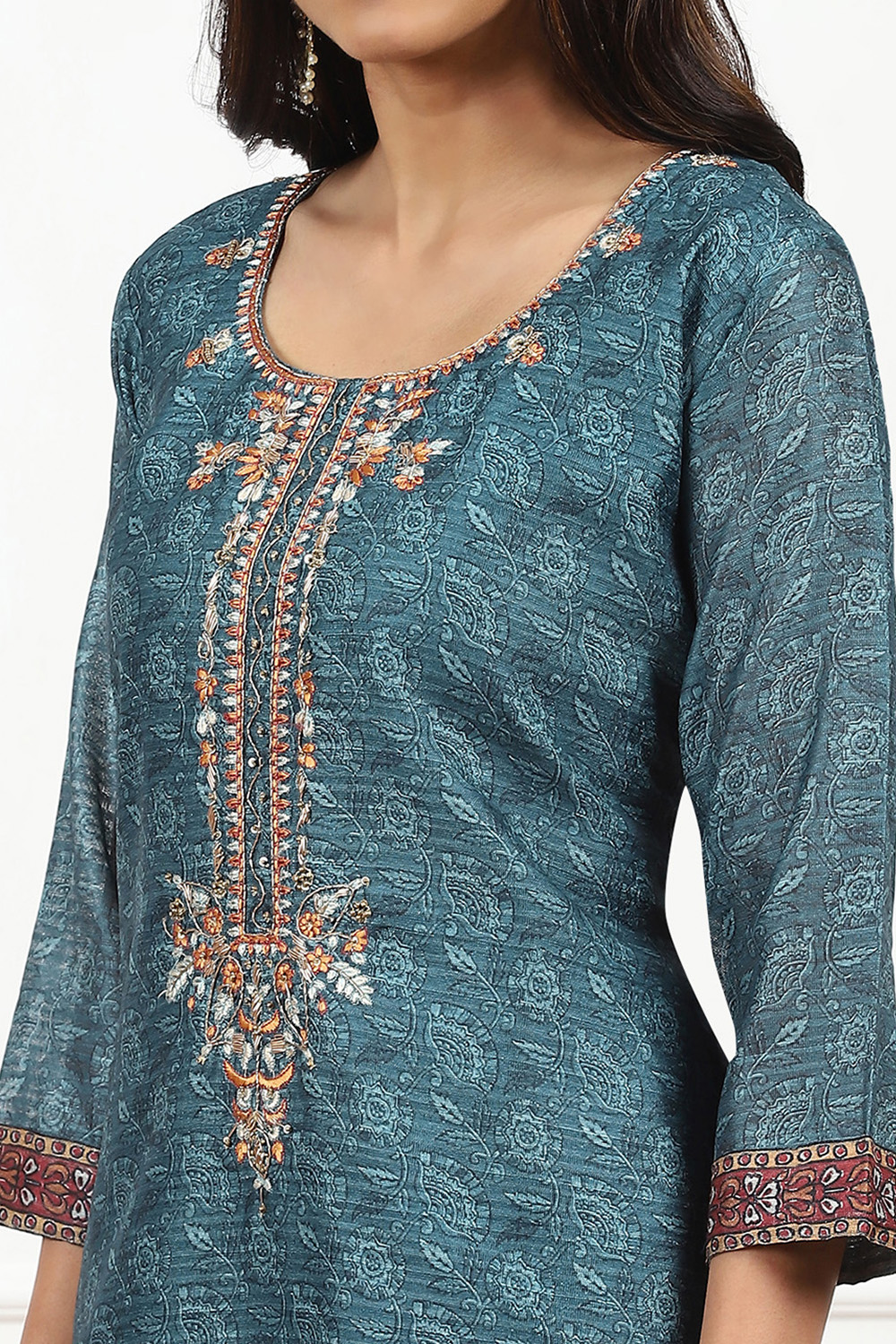 Teal Tussar Hand Embroidered Unstitched Suit Set image number 1