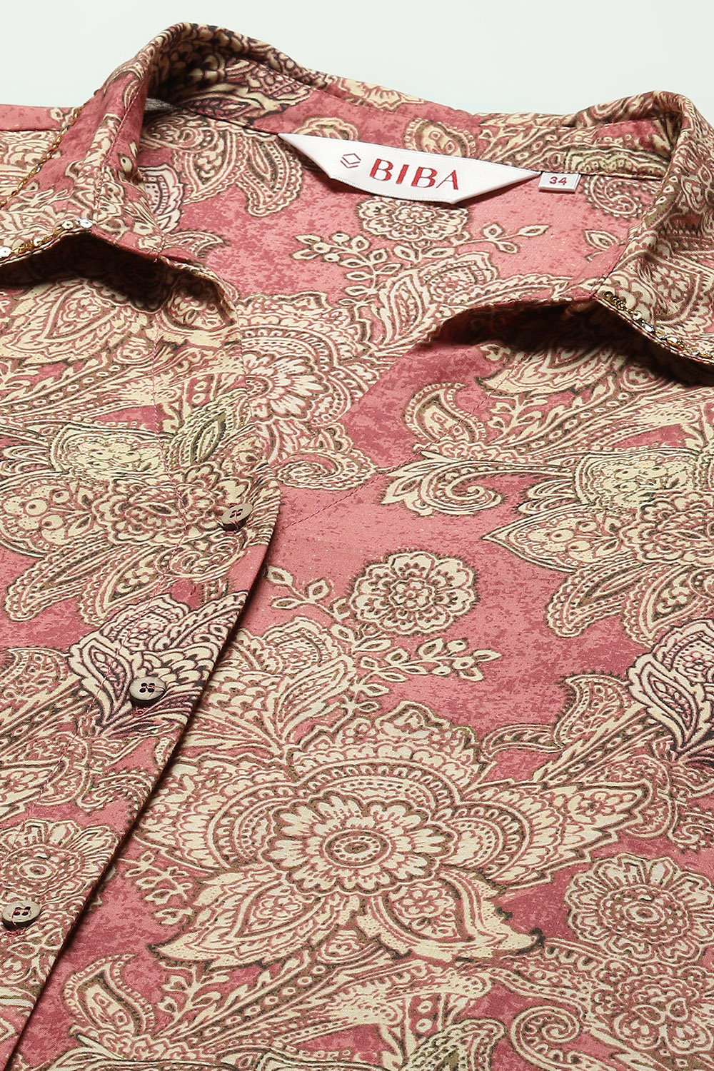 Rust Cotton Floral Printed A-Line Shirt Style Kurti image number 2