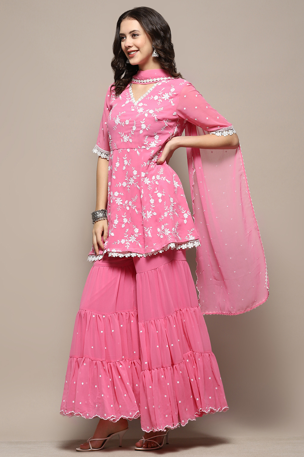 Pink Floral Embroidered A-Line Suit Set image number 4