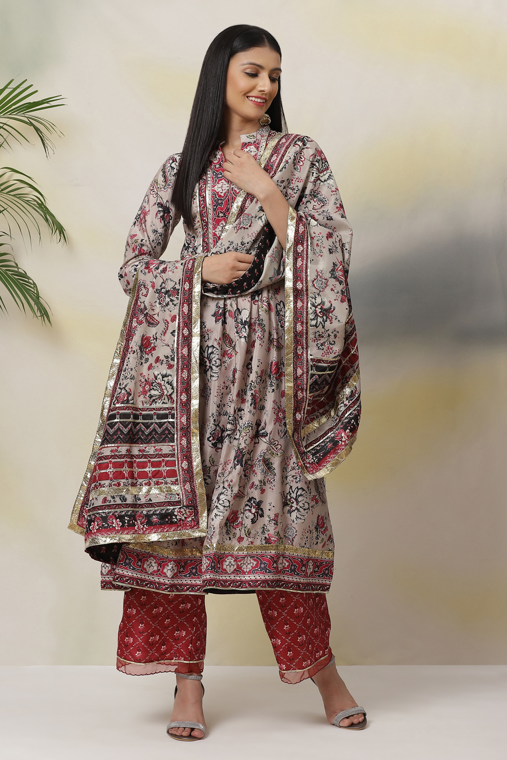 Grey Flared Art Silk Printed Dress image number 4