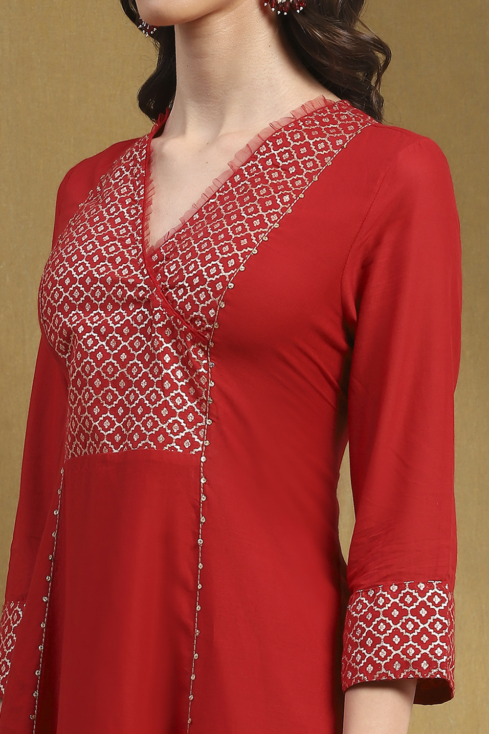 Red Cotton Printed Festive A-Line Suit Set image number 1