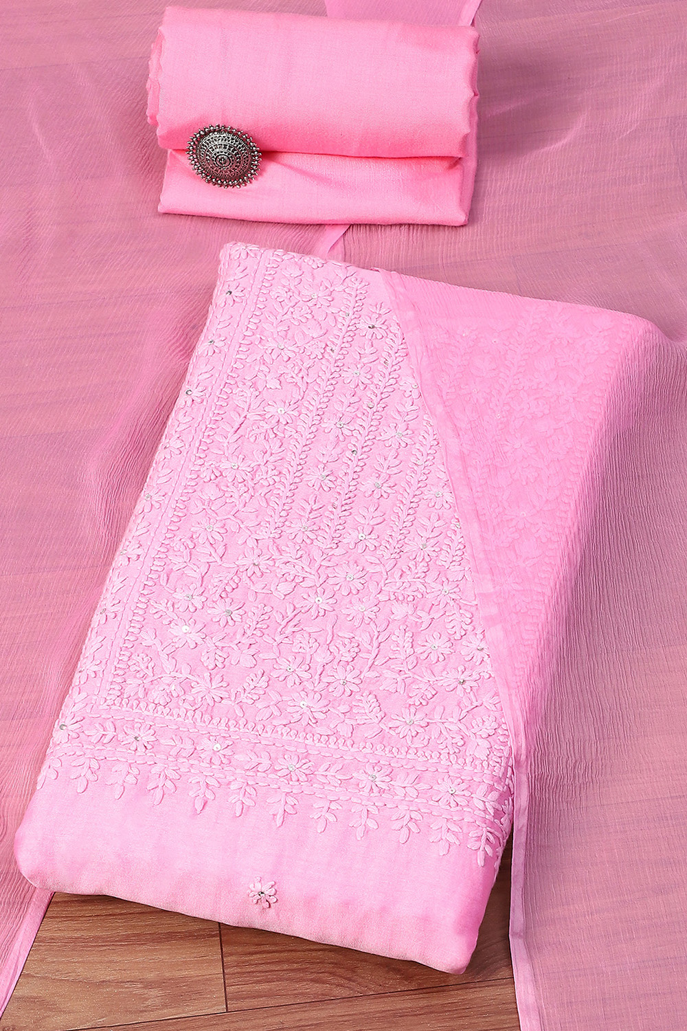 Light Pink Chanderi Embroidered Unstitched Suit Set image number 0