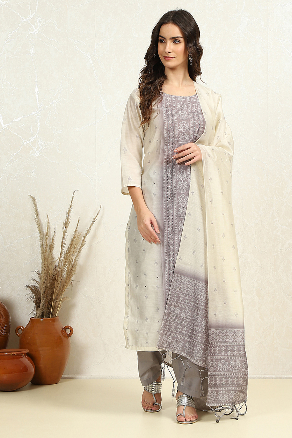 Grey and Off-White Chanderi Woven Unstitched Suit Set image number 7