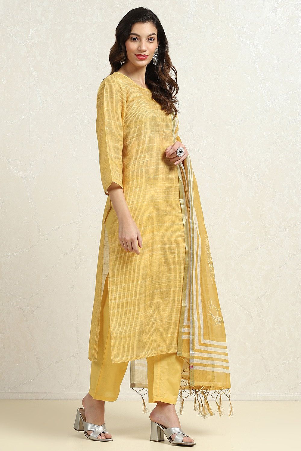 Yellow Linen Blend Woven Unstitched Suit Set image number 3