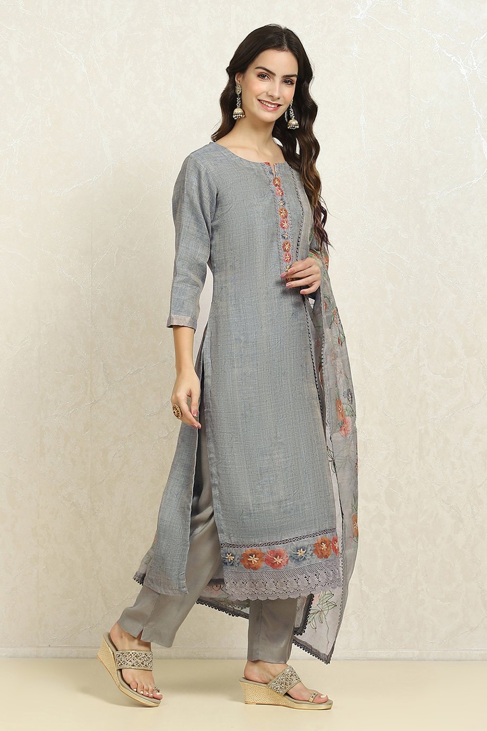 Grey Linen Blend Printed  Embroidered Unstitched Suit Set image number 6