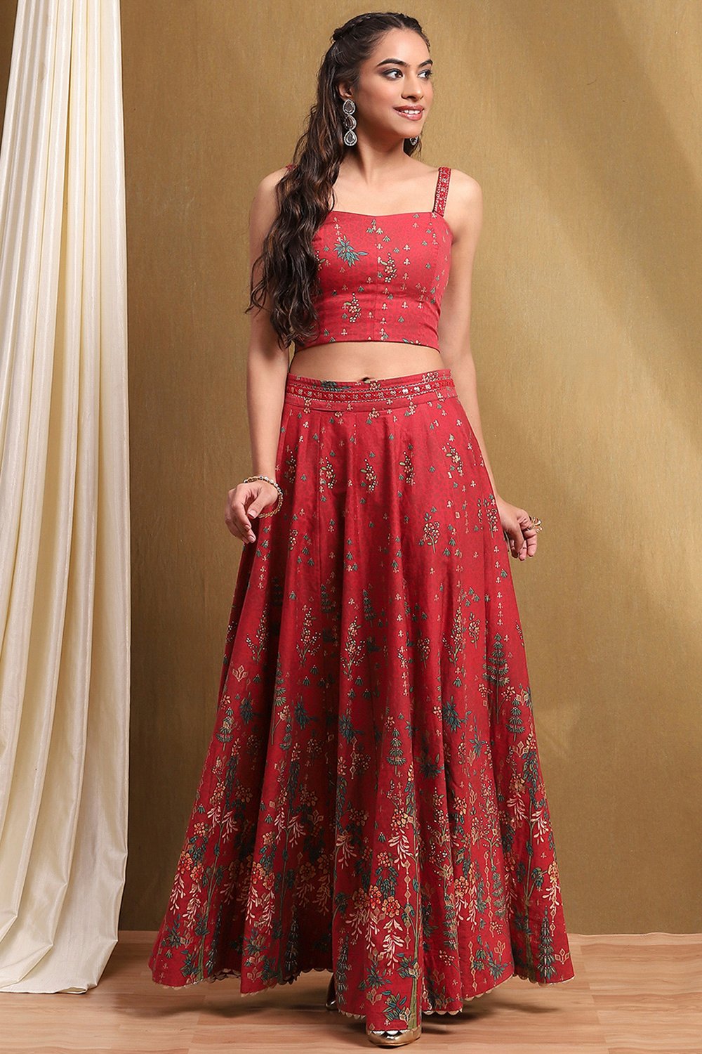 Red Satin Printed Lightweight Lehenga Set image number 7