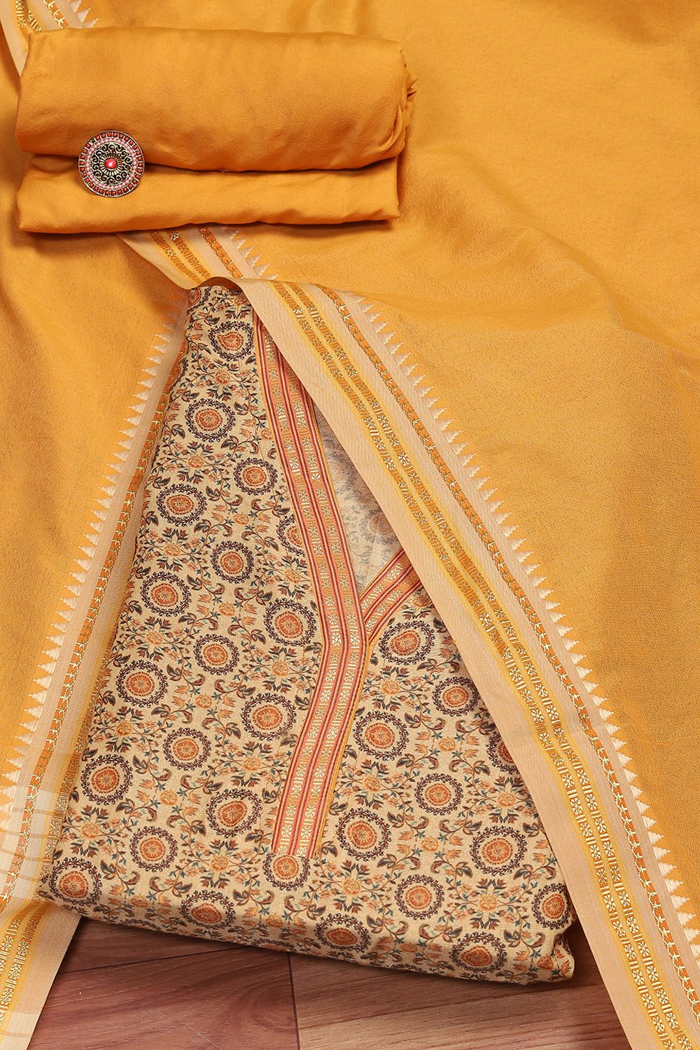 Blue and Beige Cotton Handloom Unstitched Suit Set image number 0