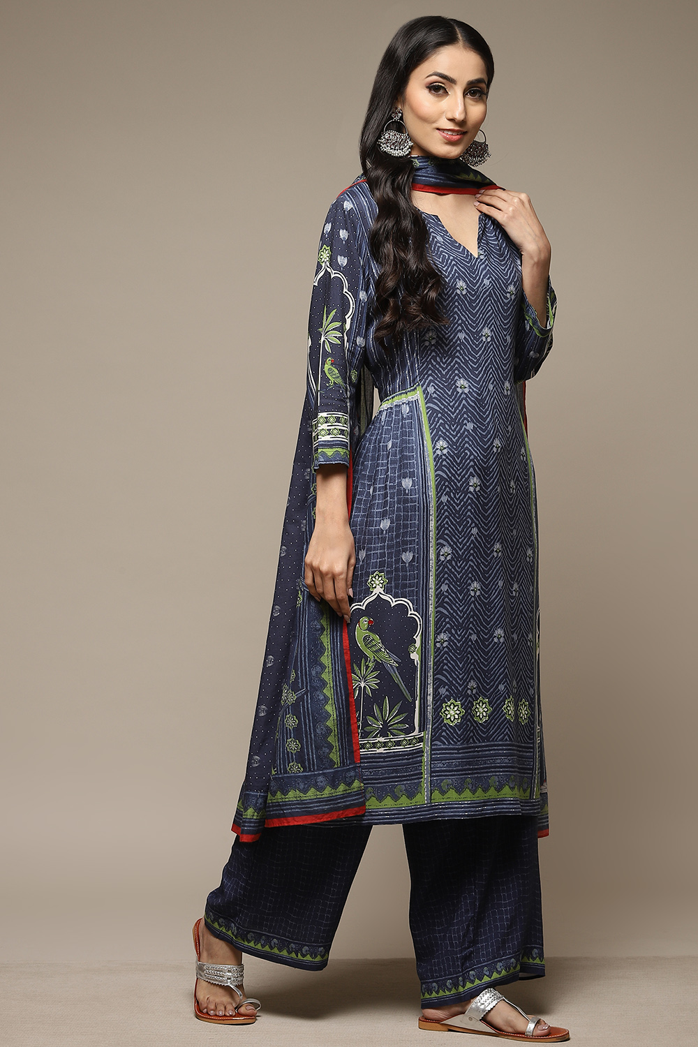 Indigo & Green Rayon Straight Kurta Palazzo Suit Set image number 5