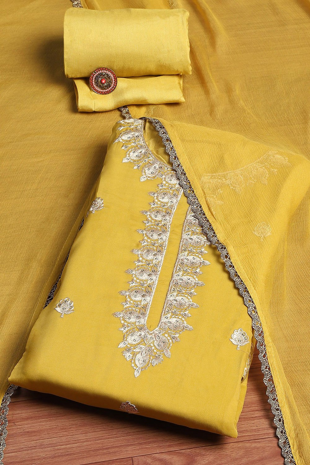 Mustard Organza Machine Embroidered Unstitched Suit Set image number 0