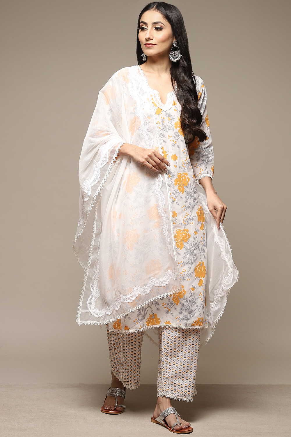 Ivory Cotton Straight Kurta Palazzo Suit Set image number 6