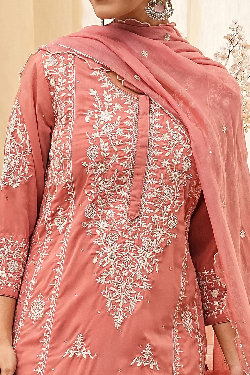 Pink Cotton Blend Embroidered Straight Suit Set image number 1