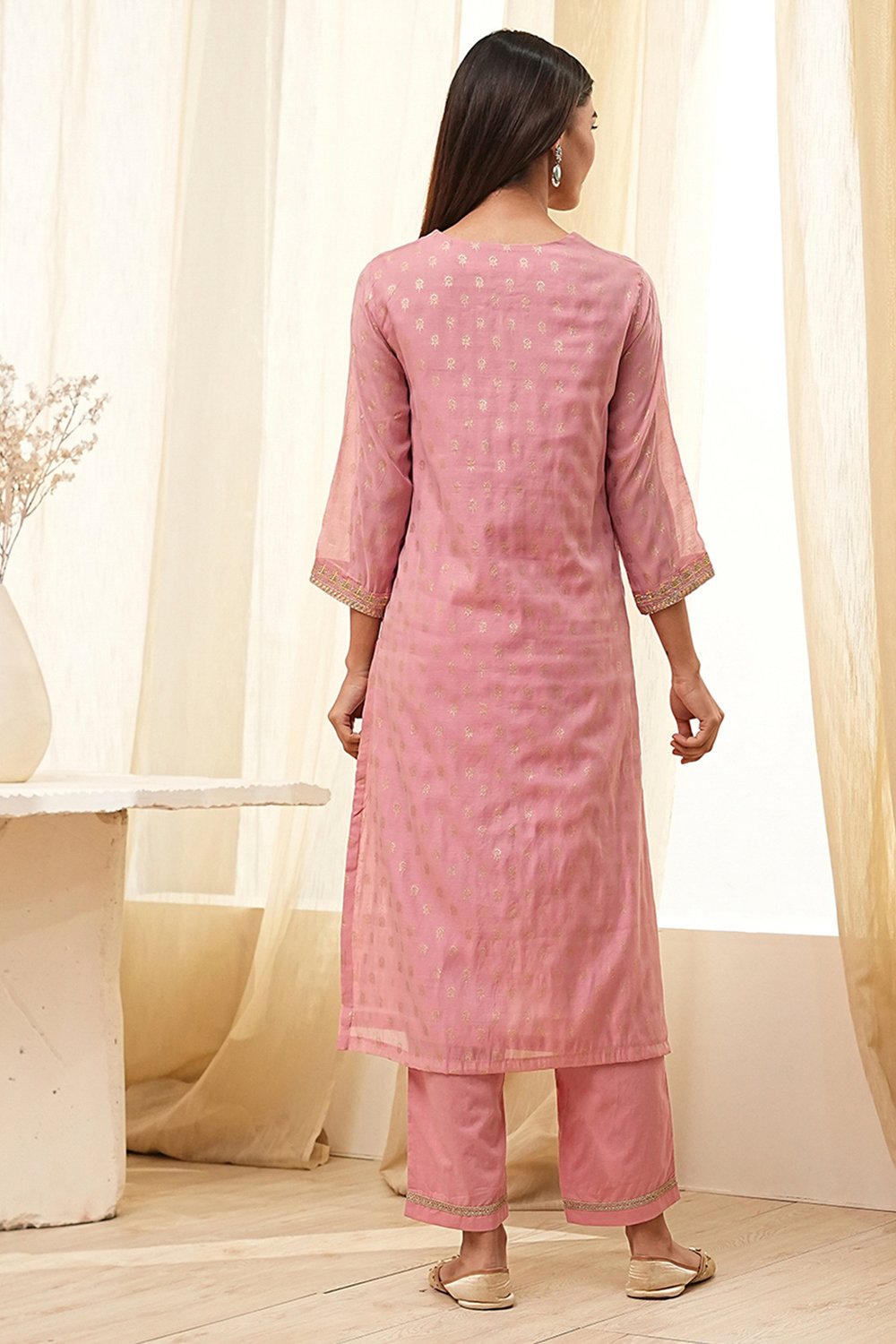 Dull Pink Embroidered Straight Suit Set image number 4