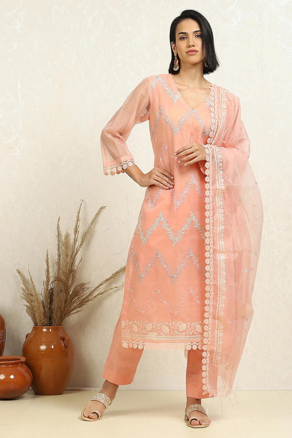 Peach-Coloured Floral Embroidered Unstitched Suit Set image number 1