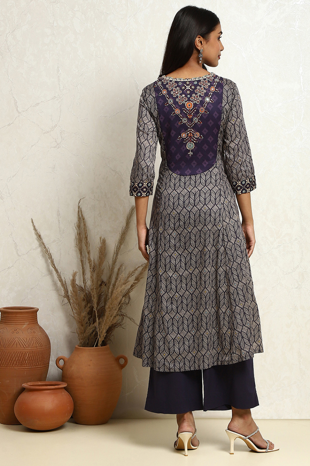 Indigo Cotton Printed Flared Festive Suit Set image number 4