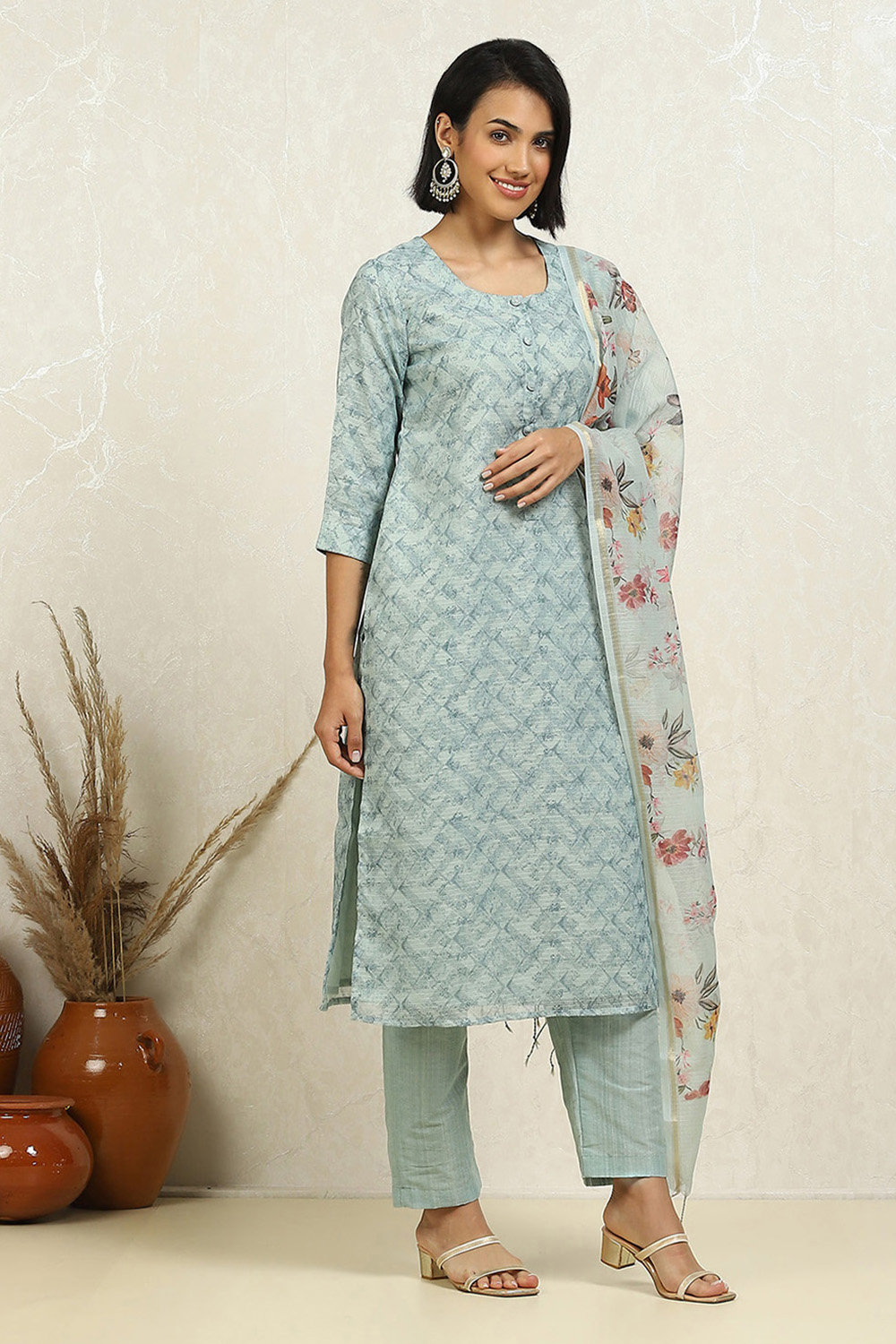 Beige Cotton Blend Digital Print Unstitched Suit Set image number 6