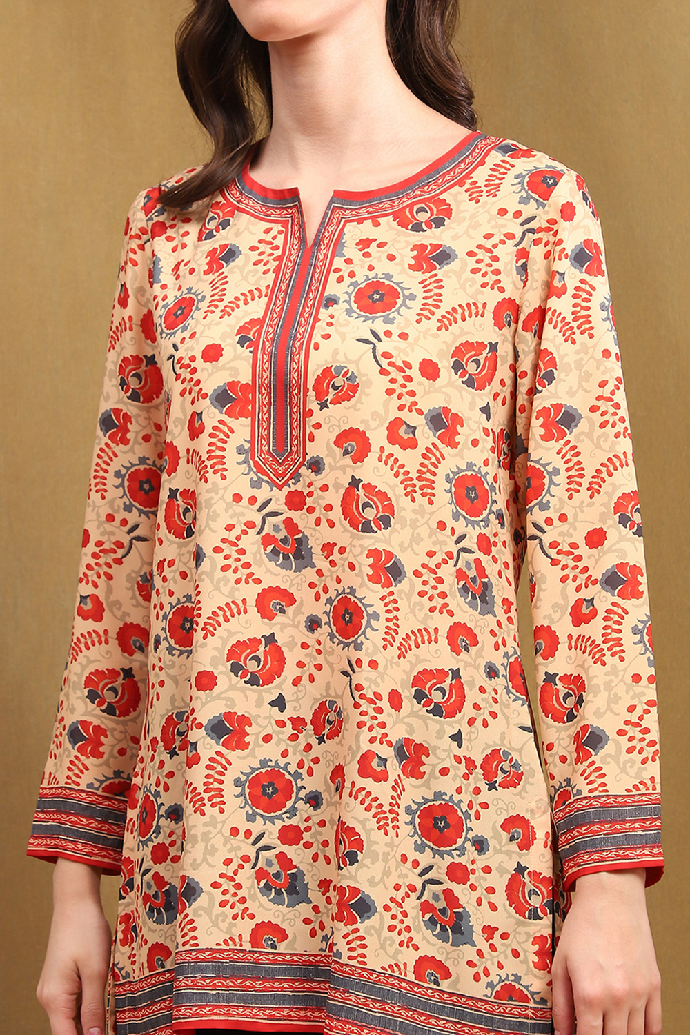 Ecru and Red Floral Printed Regular Fit Straight Kurti image number 1