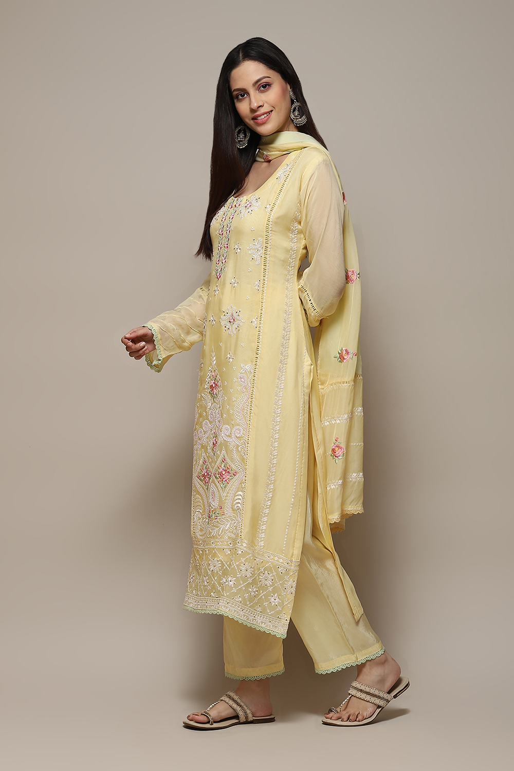 Yellow Organza Printed Unstitched Suit Set image number 6