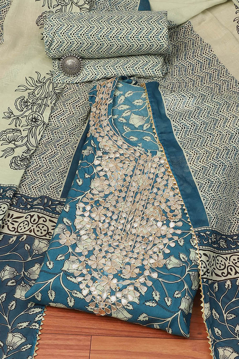 Blue Cotton Hand Block Print Unstitched Suit Set image number 0