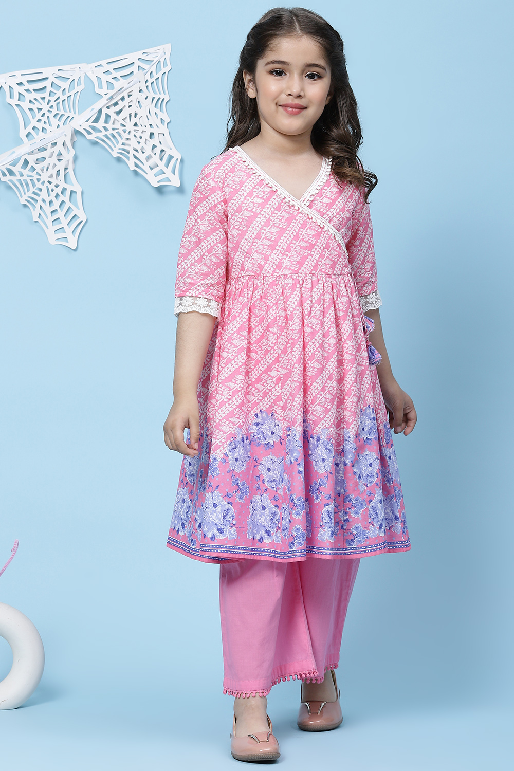 Pink Cotton Flared Printed Kurta Set image number 0