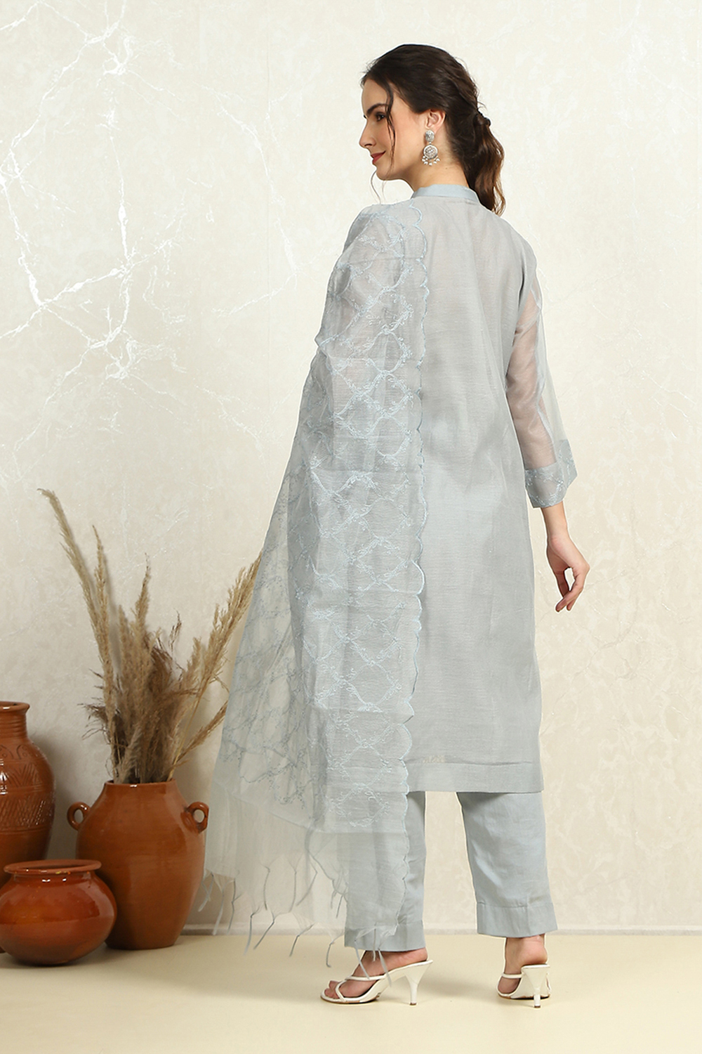 Grey Floral Thread Work Unstitched Suit Set image number 4