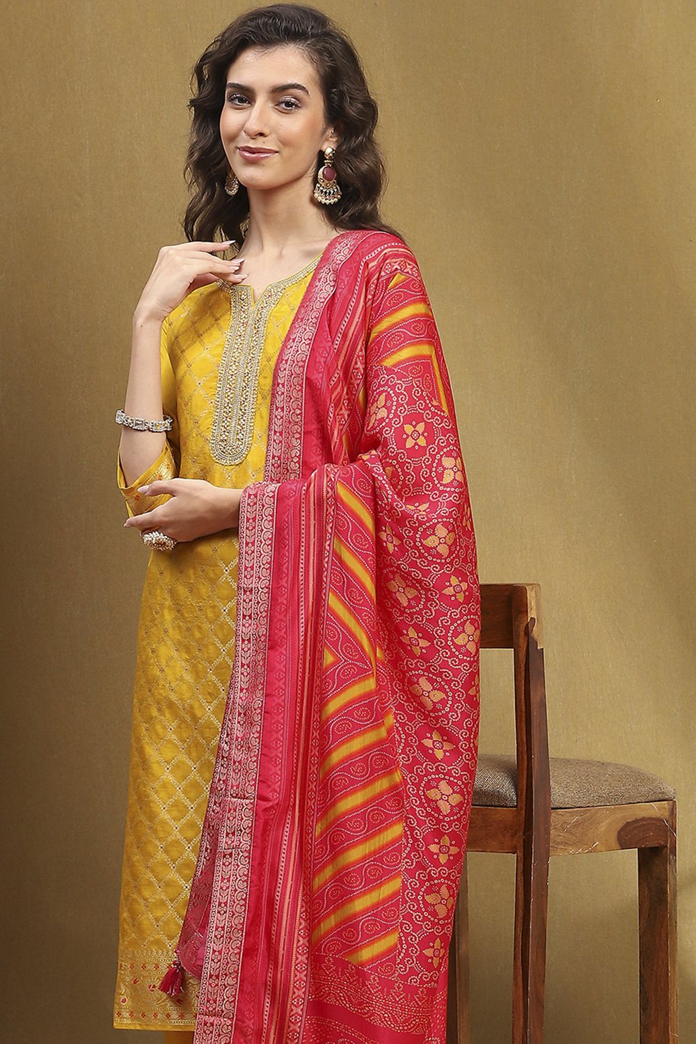 Mustard Yellow Viscose Blend Yarn Dyed Straight Suit Set image number 0